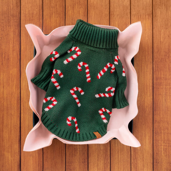 Green sweater with candy cane pattern on a pink pig-shaped object against a wooden background