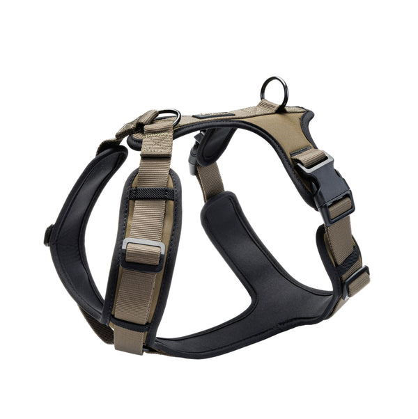 Dog harness with black and brown straps on a white background