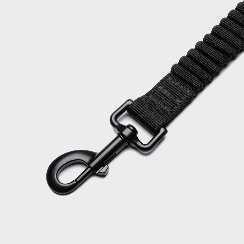 Black dog leash with metal clip on a light gray background
