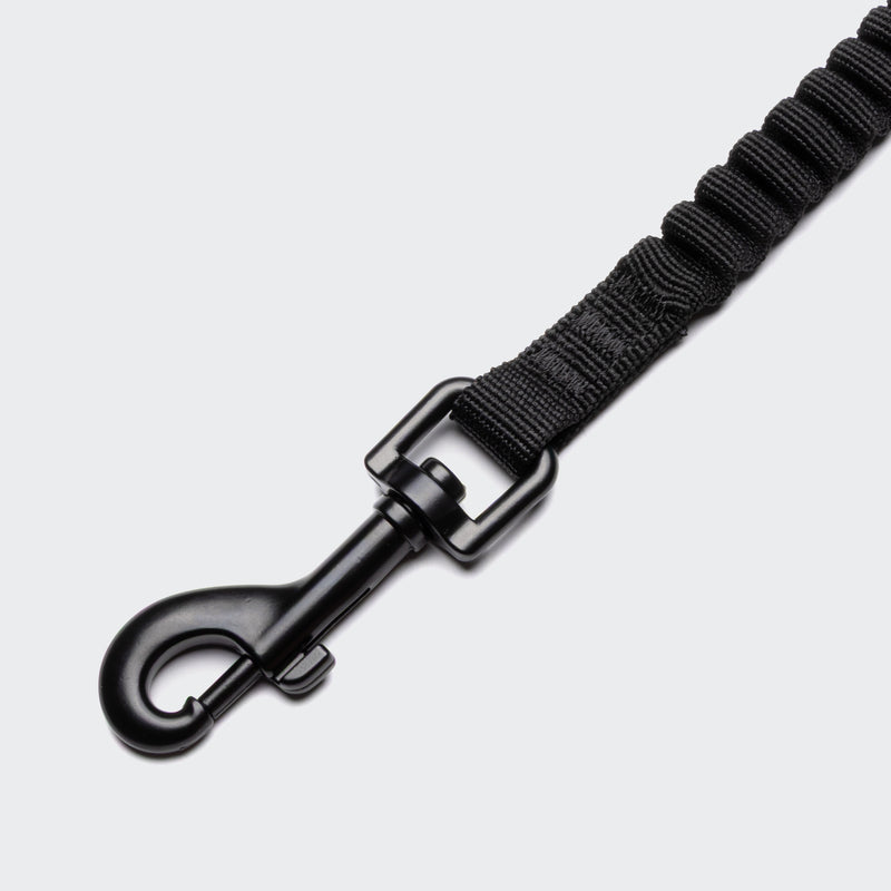 Black dog leash with metal clip on a light gray background