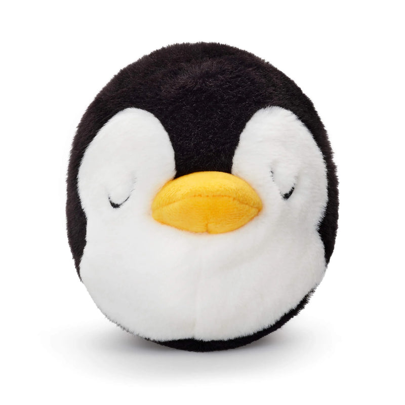 Plush penguin toy with a yellow beak on a white background