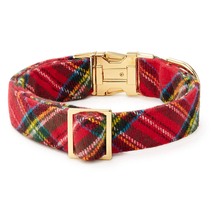 Red plaid dog collar with gold hardware on a white background