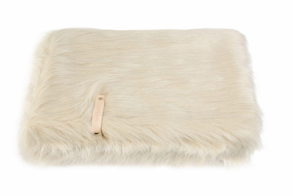 White fluffy pouch with a strap on a white background
