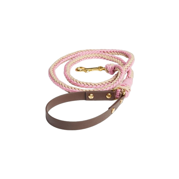 Pink and brown braided dog leash with gold hardware on a white background