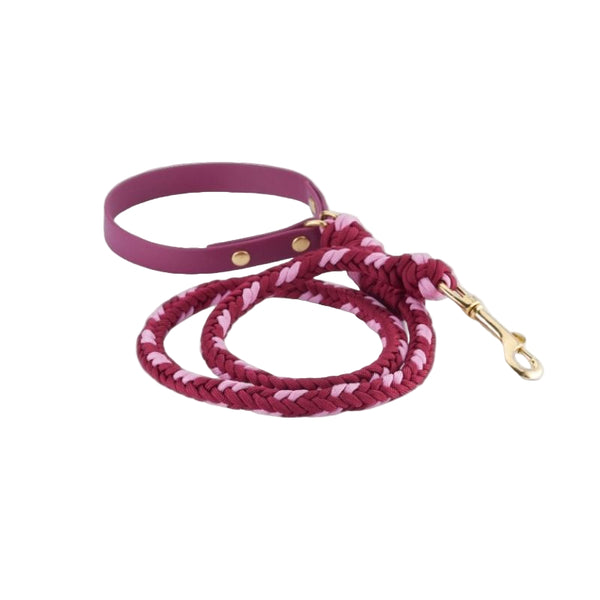 Pink dog leash with braided design on a white background