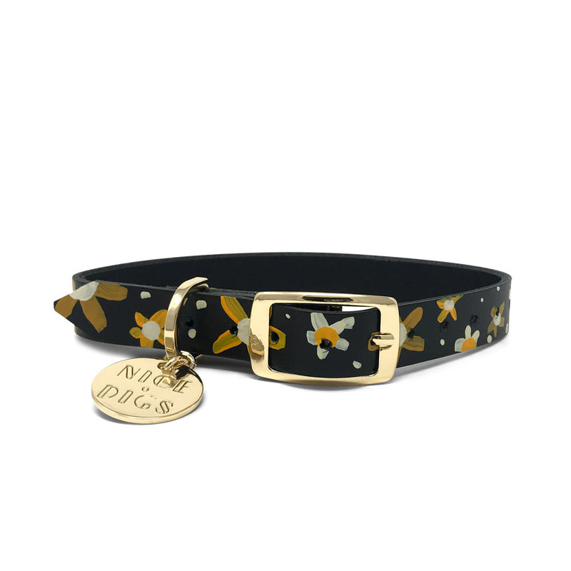 Nice Digs_Dog Collar-Posie-Sunshine-Black Leather