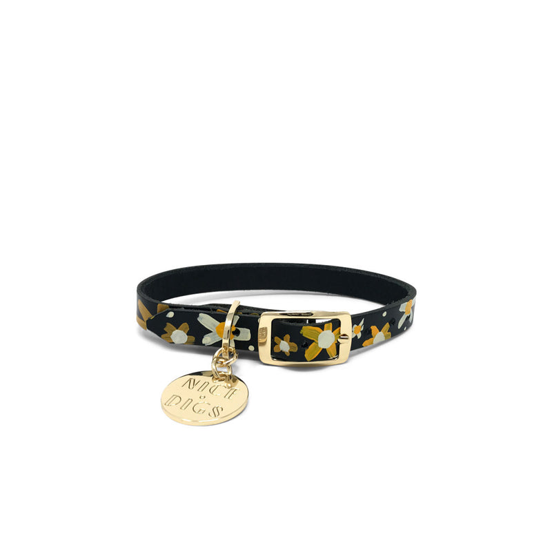 Nice Digs_Dog Collar-Posie-Sunshine-Black Leather_Front