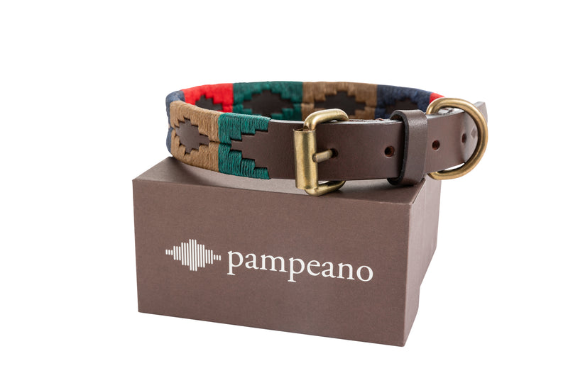 Dog collar with colorful pattern and brown leather strap on a Pampeano branded box.