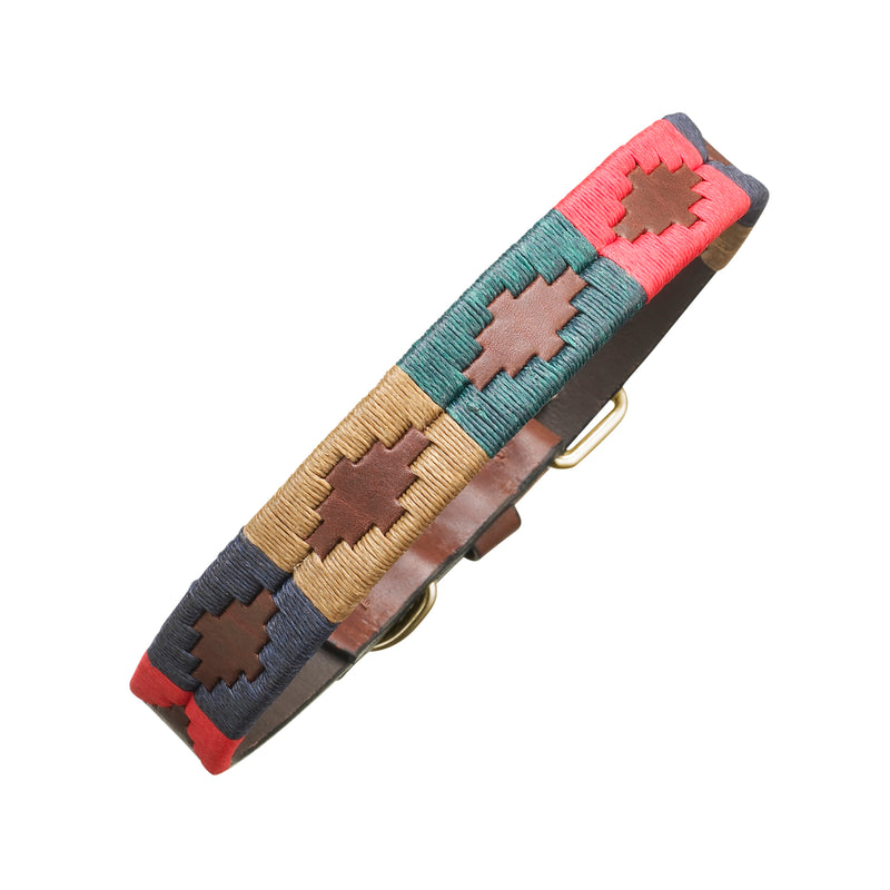 Multicolored woven belt with a metal buckle on a white background