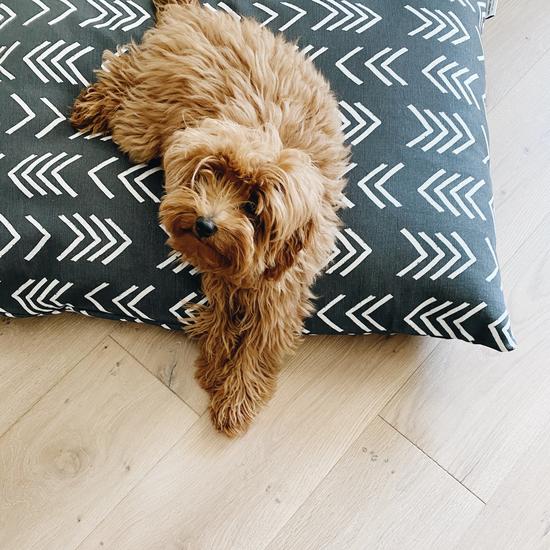 The Foggy Dog_Bed Cover_Interior Design_Charcoal Mud Cloth_Havanese_side view