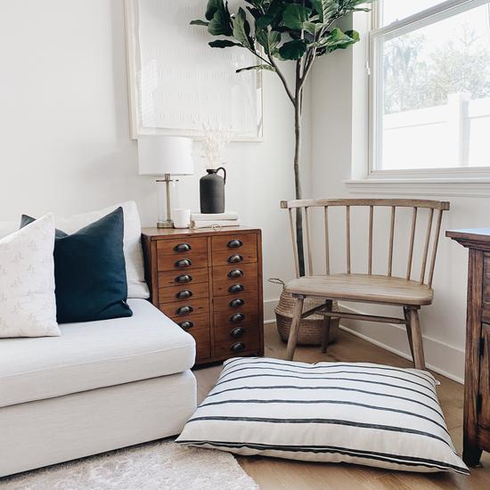 The Foggy Dog_Bed Cover_Design_Charcoal stripe_Full bed_interior view