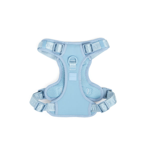 A dusk blue dog harness with adjustable straps and metal leash attachment points, from the brand Maxbone.