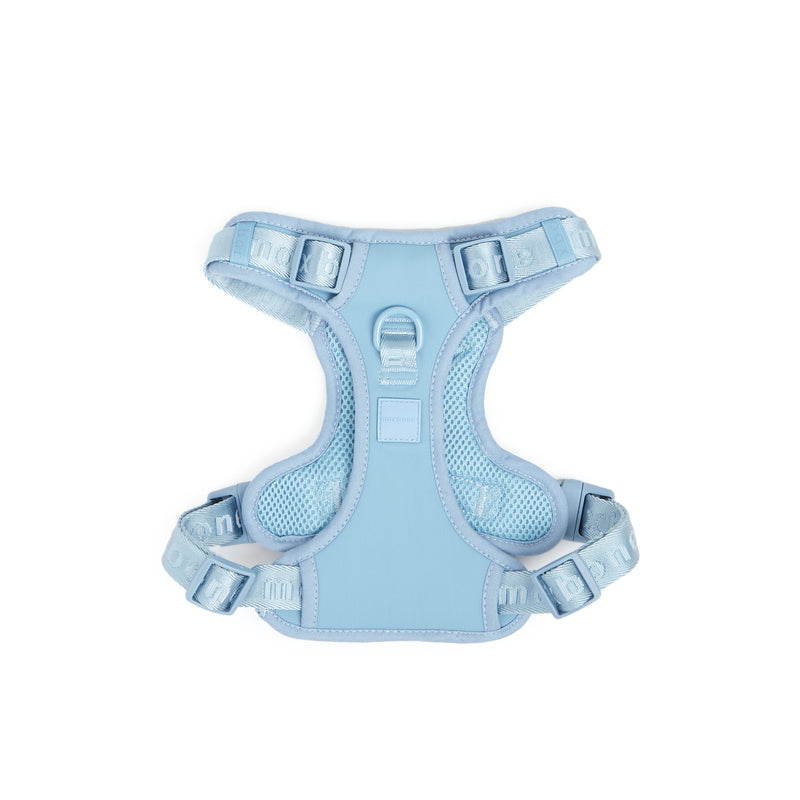 A dusk blue dog harness with adjustable straps and metal leash attachment points, from the brand Maxbone.
